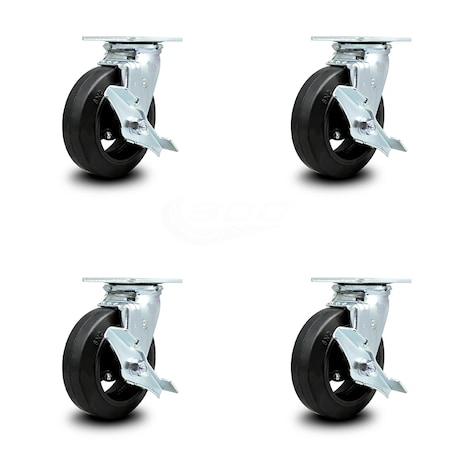 Service Caster 6 Inch Rubber on Steel Swivel Caster Set with Roller Bearings and Brakes SCC SCC-30CS620-RSR-TLB-4